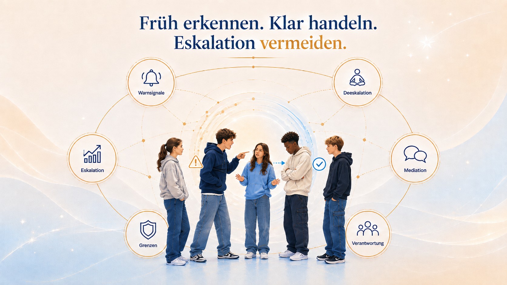 Gewaltprävention mit Warnsignalen, Eskalation, Grenzen, Deeskalation, Mediation und Verantwortung